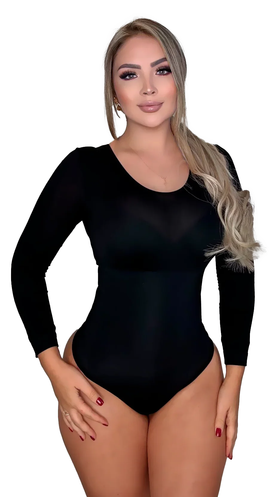 Modelo usando el Body Faja JULIANA en color negro, vista frontal